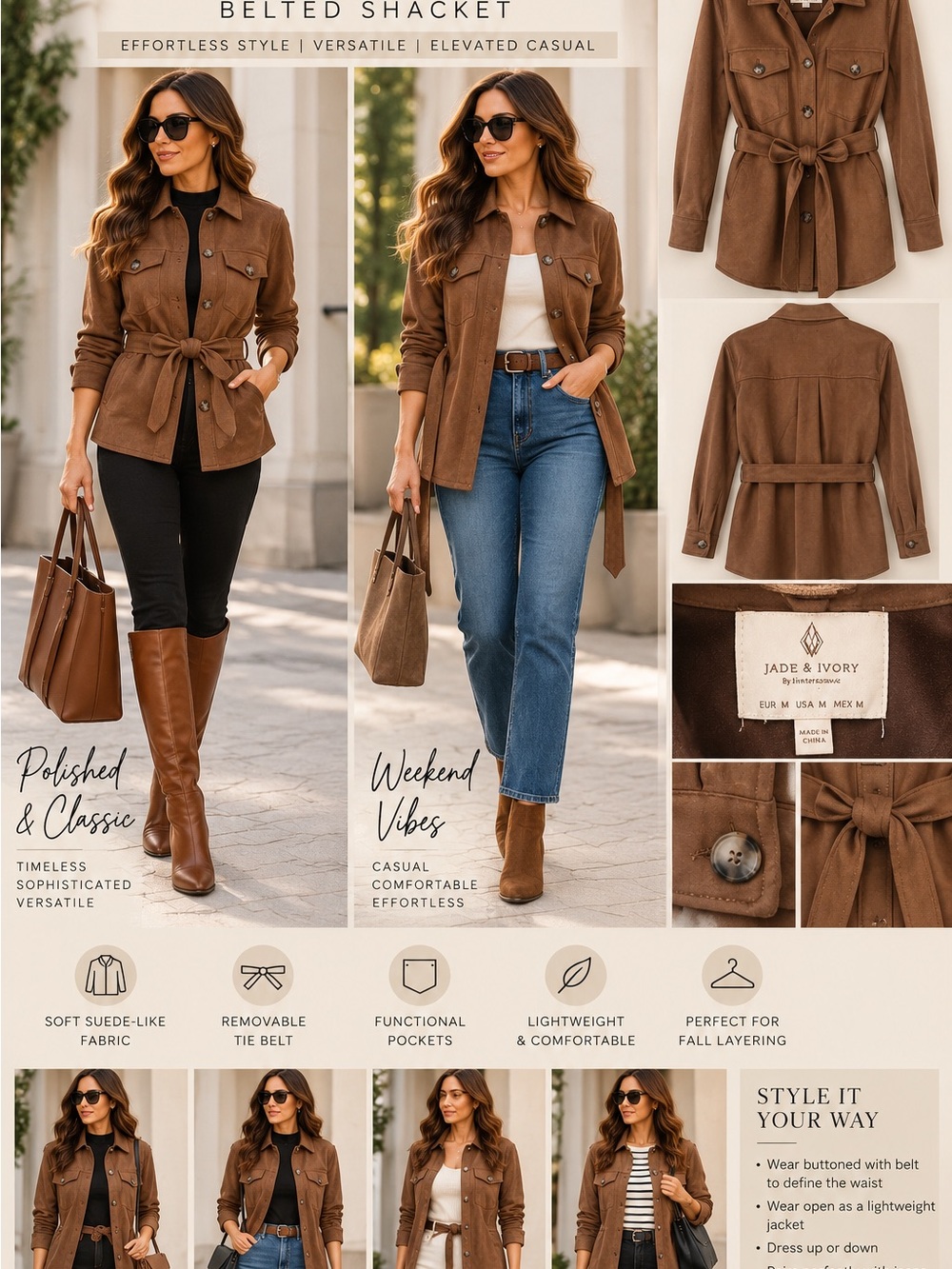 Jade & Ivory by Interstates Brown Suede-Look Belted Shacket – Size M